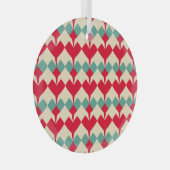 ミントブルー、赤いハートタイルのパターン。 ガラスオーナメント (正面右)