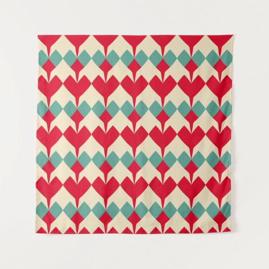 ミントブルー、赤いハートタイルのパターン。 タペストリー (正面)