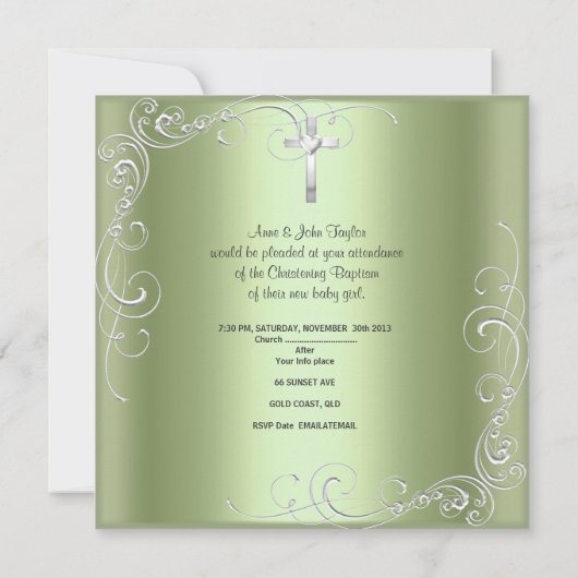 ミントベビーガールまたは少年《キリスト教》洗礼式や命名式バプティスクロス 案内状 (裏面)