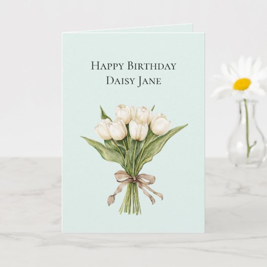 ミントホワイトのチューリップの花の誕生日 カード (小さな植物)