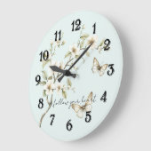ミントホワイトの花と蝶 ラージ壁時計 (傾斜)
