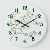 ミントホワイトの花と蝶 ラージ壁時計 (正面)