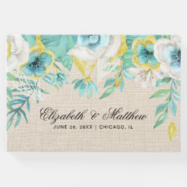 ミントホワイトイエローフローラのBurlapテクスチ結婚ャ ゲストブック