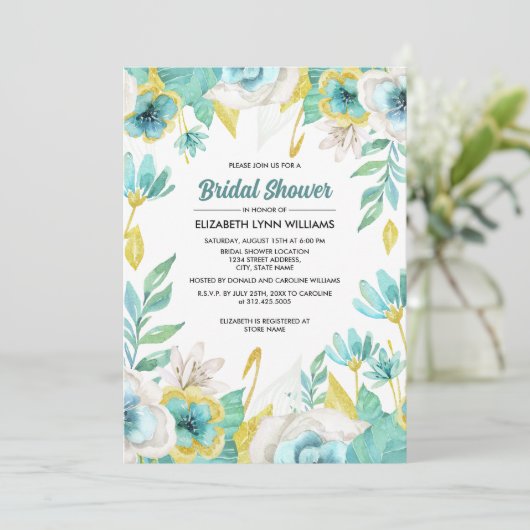 ミントホワイトイエローフローラ水彩ブライダルシャワー 招待状 (スタンド正面)