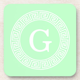 ミントホワイトギリシャ語鍵ランドフレームイニシャルモノグラム コースター