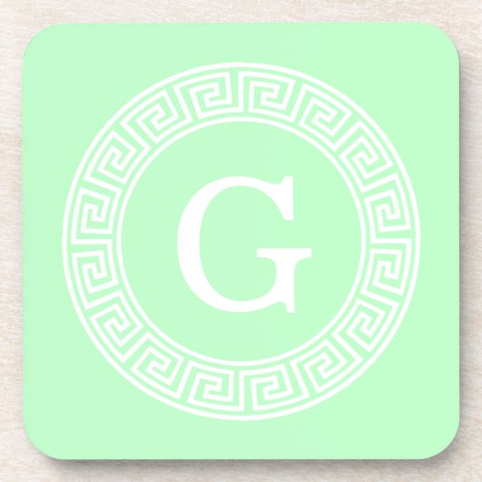 ミントホワイトギリシャ語鍵ランドフレームイニシャルモノグラム コースター (正面)