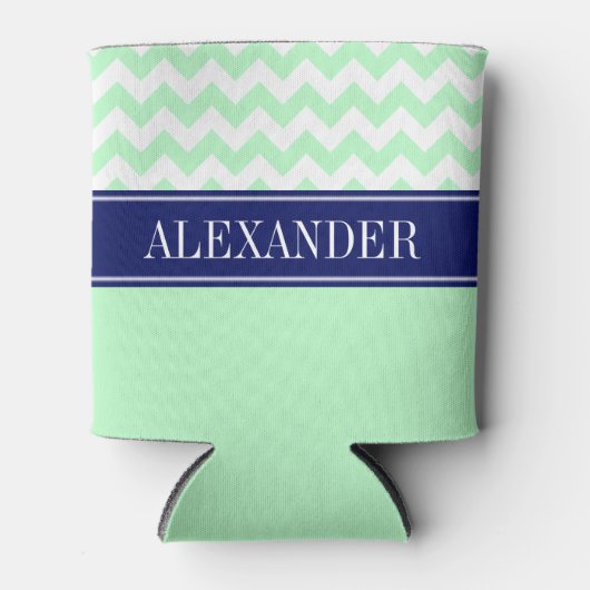 ミントホワイトシェブロンCBネイビーネームモノグラム 缶クーラー (正面)