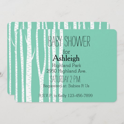 ミントホワイト樺の木ツリー赤ちゃんシャワー 招待状 (正面/裏面)