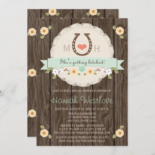 ミントホースシモノグラムのュウェスタンブライダルシャワー 招待状 (正面/裏面)