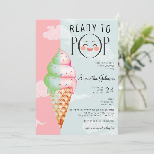 ミントポップ・アートの&ピンクアイスクリーム赤ちゃんシャワー準備 招待状 (スタンド正面)