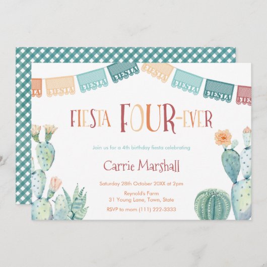 ミントマスタードフィエスタフォーエバー4歳の誕生日パーティー 招待状 (正面/裏面)