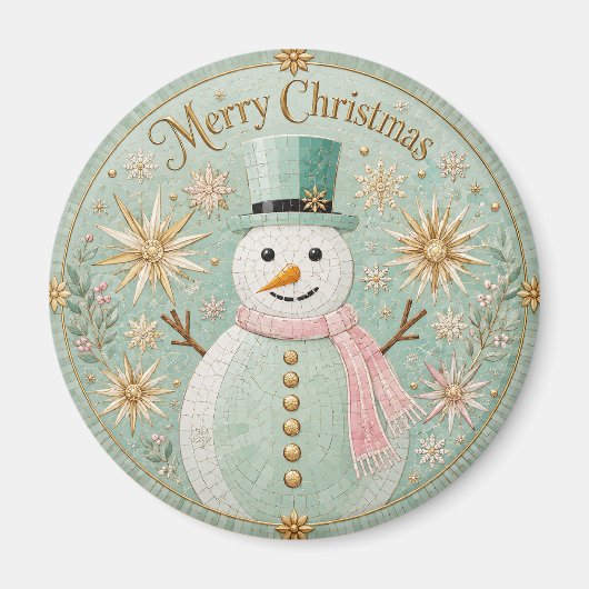 ミントモザイクの雪だるまクリスマスの喜び マグネット (正面)