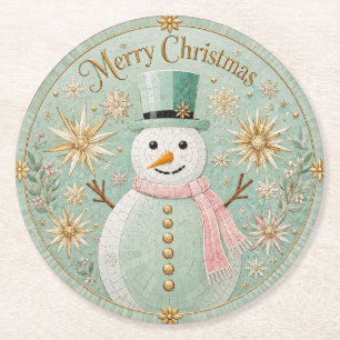 ミントモザイクの雪だるまクリスマスの喜び ラウンドペーパーコースター