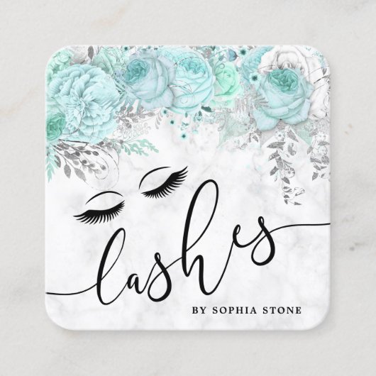 ミントモダンかわいらしフローラ白い大理石まぶし スクエア名刺 (正面)