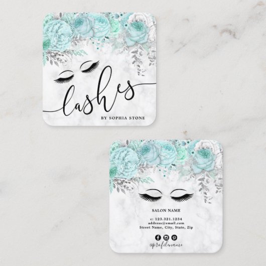 ミントモダンかわいらしフローラ白い大理石まぶし スクエア名刺 (正面/裏面)