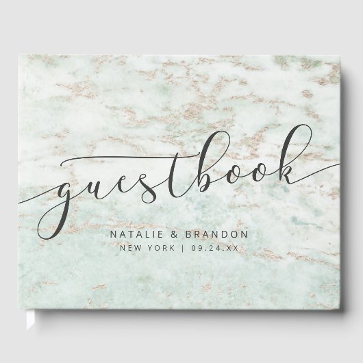 ミントモダンでバラ金ゴールドのビー結婚ブル ゲストブック (正面)