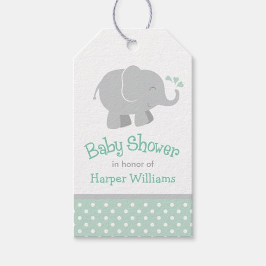 ミントモダンとグレーエレファントベビーシャワー ギフトタグ (正面)