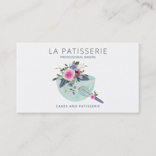 ミントモダンウォーターカラーフローラベーカリーパティシシェフ 名刺 (正面)