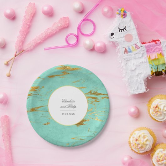 ミントモダンエレガントンと金フェイク箔の結婚製品 ペーパープレート (パーティー)