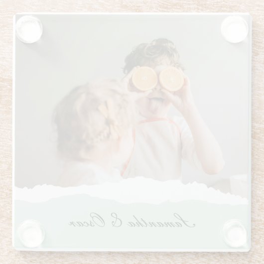 ミントモダンギフトのパーソナライズされた家族の写真&名前 ガラスコースター (裏面)