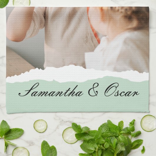 ミントモダンギフトのパーソナライズされた家族の写真&名前 キッチンタオル (折り畳み)