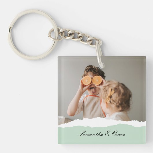 ミントモダンギフトのパーソナライズされた家族の写真&名前 キーホルダー (正面)