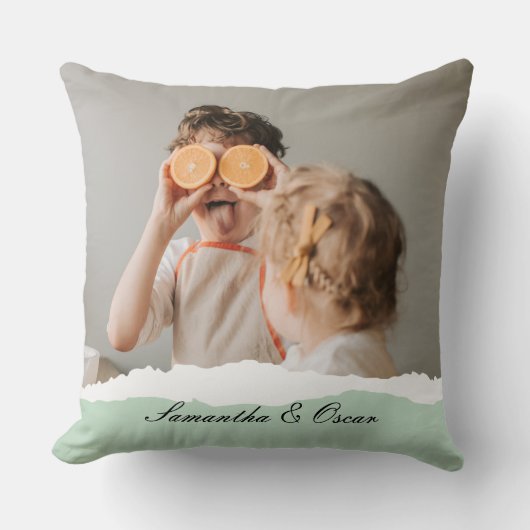 ミントモダンギフトのパーソナライズされた家族の写真&名前 クッション (正面)