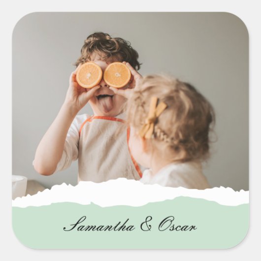 ミントモダンギフトのパーソナライズされた家族の写真&名前 スクエアシール (正面)