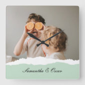 ミントモダンギフトのパーソナライズされた家族の写真&名前 スクエア壁時計 (正面)