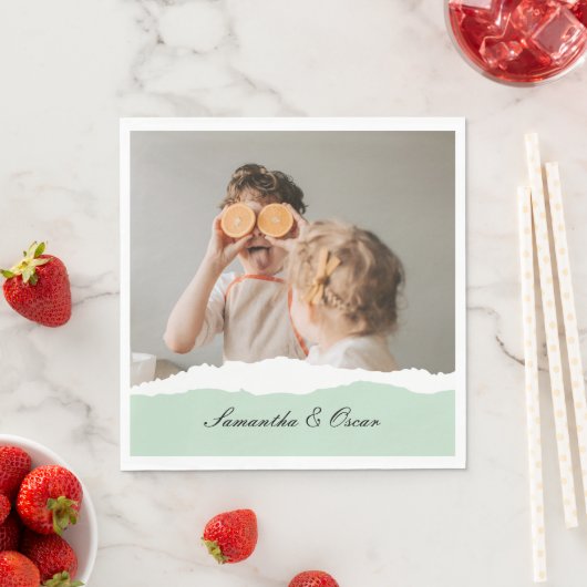 ミントモダンギフトのパーソナライズされた家族の写真&名前 スタンダードランチョンナプキン (インサイチュ)