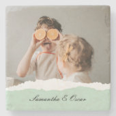 ミントモダンギフトのパーソナライズされた家族の写真&名前 ストーンコースター (正面)