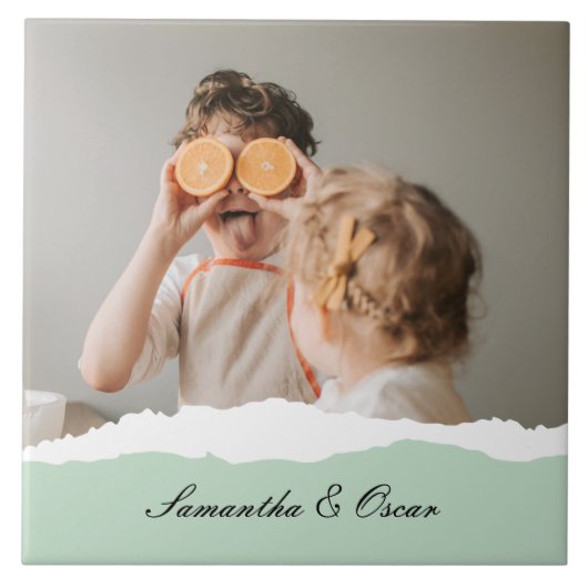 ミントモダンギフトのパーソナライズされた家族の写真&名前 タイル (正面)