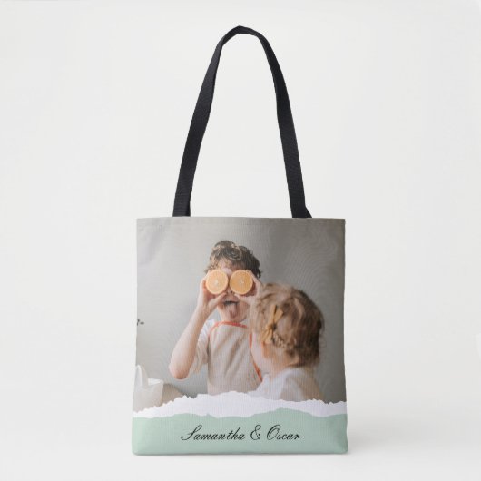 ミントモダンギフトのパーソナライズされた家族の写真&名前 トートバッグ (正面)