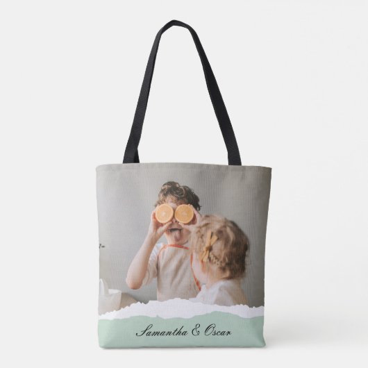 ミントモダンギフトのパーソナライズされた家族の写真&名前 トートバッグ (裏面)