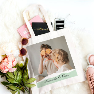 ミントモダンギフトのパーソナライズされた家族の写真&名前 トートバッグ