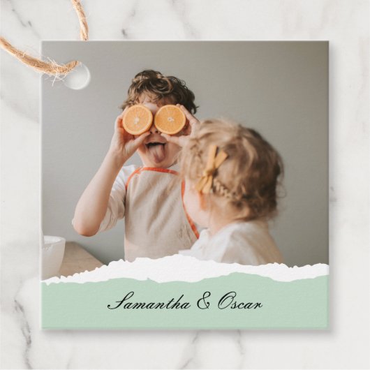 ミントモダンギフトのパーソナライズされた家族の写真&名前 フェイバータグ (正面)