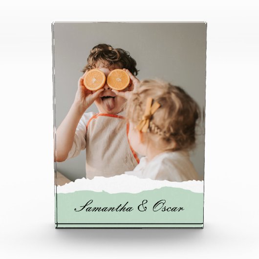 ミントモダンギフトのパーソナライズされた家族の写真&名前 フォトブロック (正面)