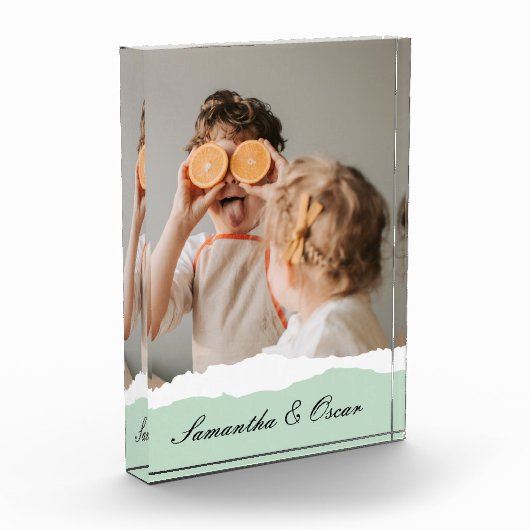 ミントモダンギフトのパーソナライズされた家族の写真&名前 フォトブロック (左)
