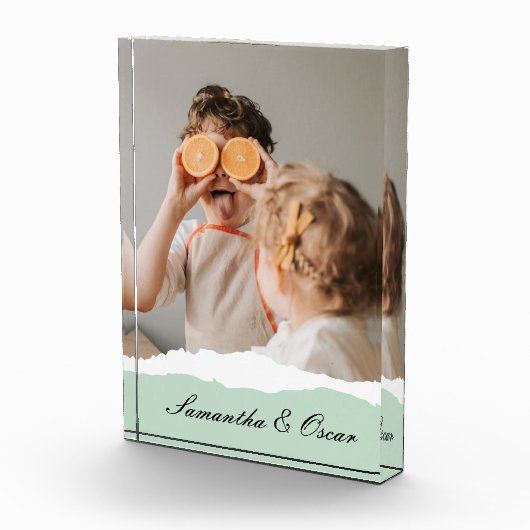 ミントモダンギフトのパーソナライズされた家族の写真&名前 フォトブロック (右)