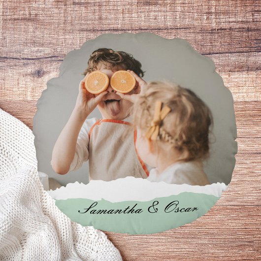 ミントモダンギフトのパーソナライズされた家族の写真&名前 ラウンドクッション
