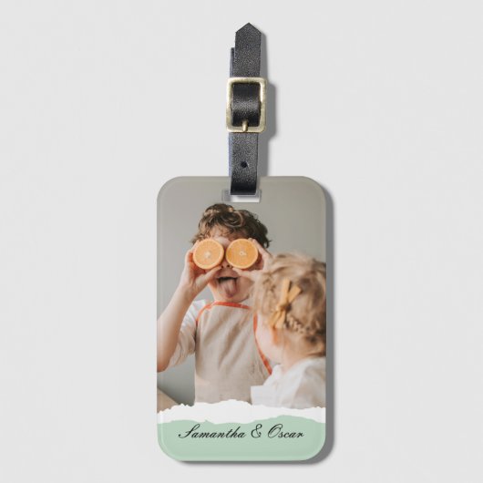 ミントモダンギフトのパーソナライズされた家族の写真&名前 ラゲッジタグ (正面縦)