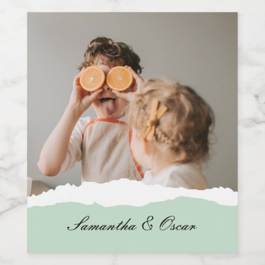 ミントモダンギフトのパーソナライズされた家族の写真&名前 ワインラベル (シングルラベル)