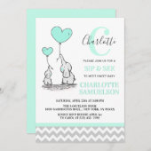 ミントモダングリーンエレファントSIP & SEEベビーガール 招待状 (正面/裏面)