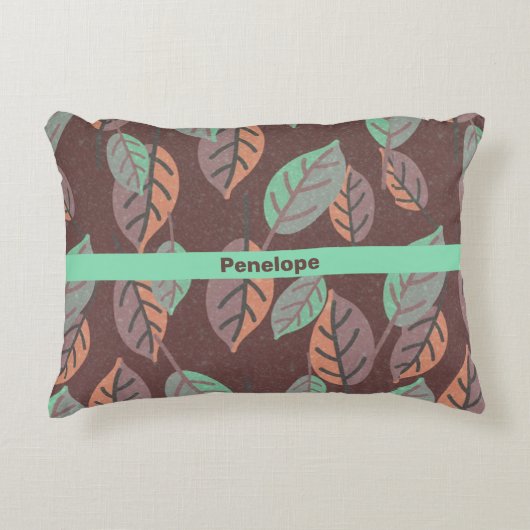 ミントモダングリーンオレンジとパープル葉 アクセントクッション (正面)