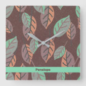 ミントモダングリーンオレンジとパープル葉 スクエア壁時計 (正面)