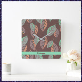 ミントモダングリーンオレンジとパープル葉 スクエア壁時計