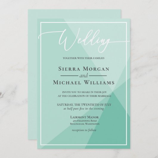 ミントモダングリーンジオメトリックハンドレタ結婚ーズ 招待状 (正面/裏面)