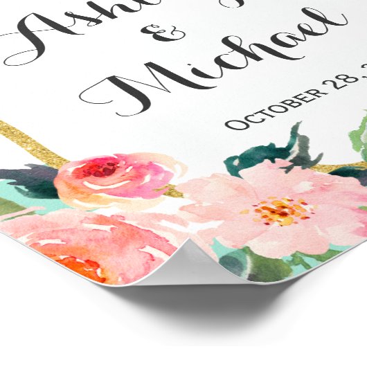 ミントモダングリーンストライプフローラデコ結婚のサイン ポスター (角)