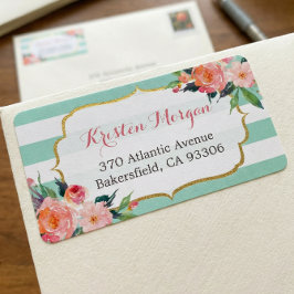 ミントモダングリーンストライプフローラ水彩 ラベル