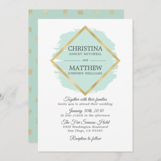 ミントモダングリーンセージ金箔フレーム結婚ズ 招待状 (正面/裏面)